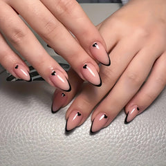 Black French Tip Press on Nails Valentine Fake Nails with Glue Glossy Almond Nails False Nails Black Glue on Nails Heart Artificial Nails Nude Static Nails Micro French Tip Stick on Nails for Women