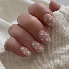 White Heart Press on Nails Short Oval Valentines Nails 24Pcs Nude Fake Nails with Glue Glossy False Nails Acrylic Nails Supply Valentine’s Day Heart Nails Stick on Nails for Women Nail Decoration
